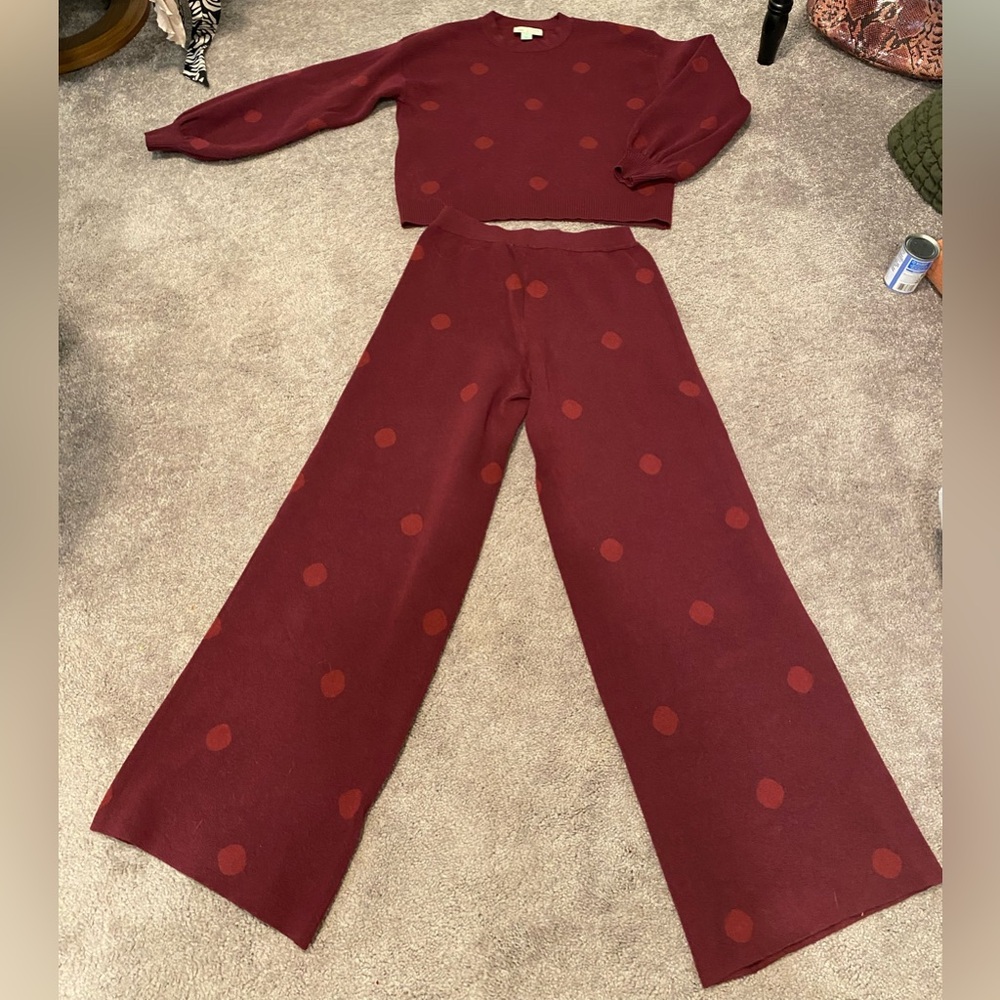 Anthropology Red Polka Dot Sweater and Pants Set